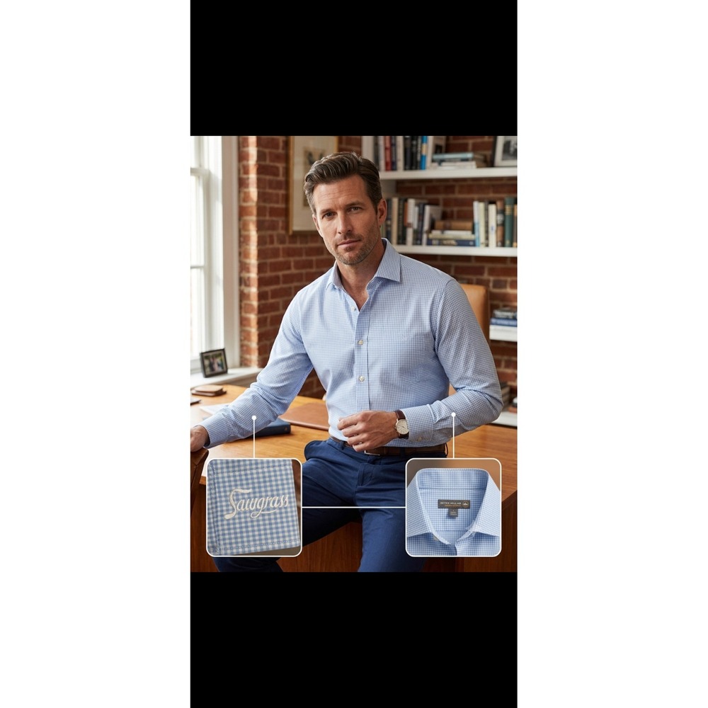 Peter Millar Summer Comfort Mens Large Blue Gingham Stretch Shirt Sawgrass L